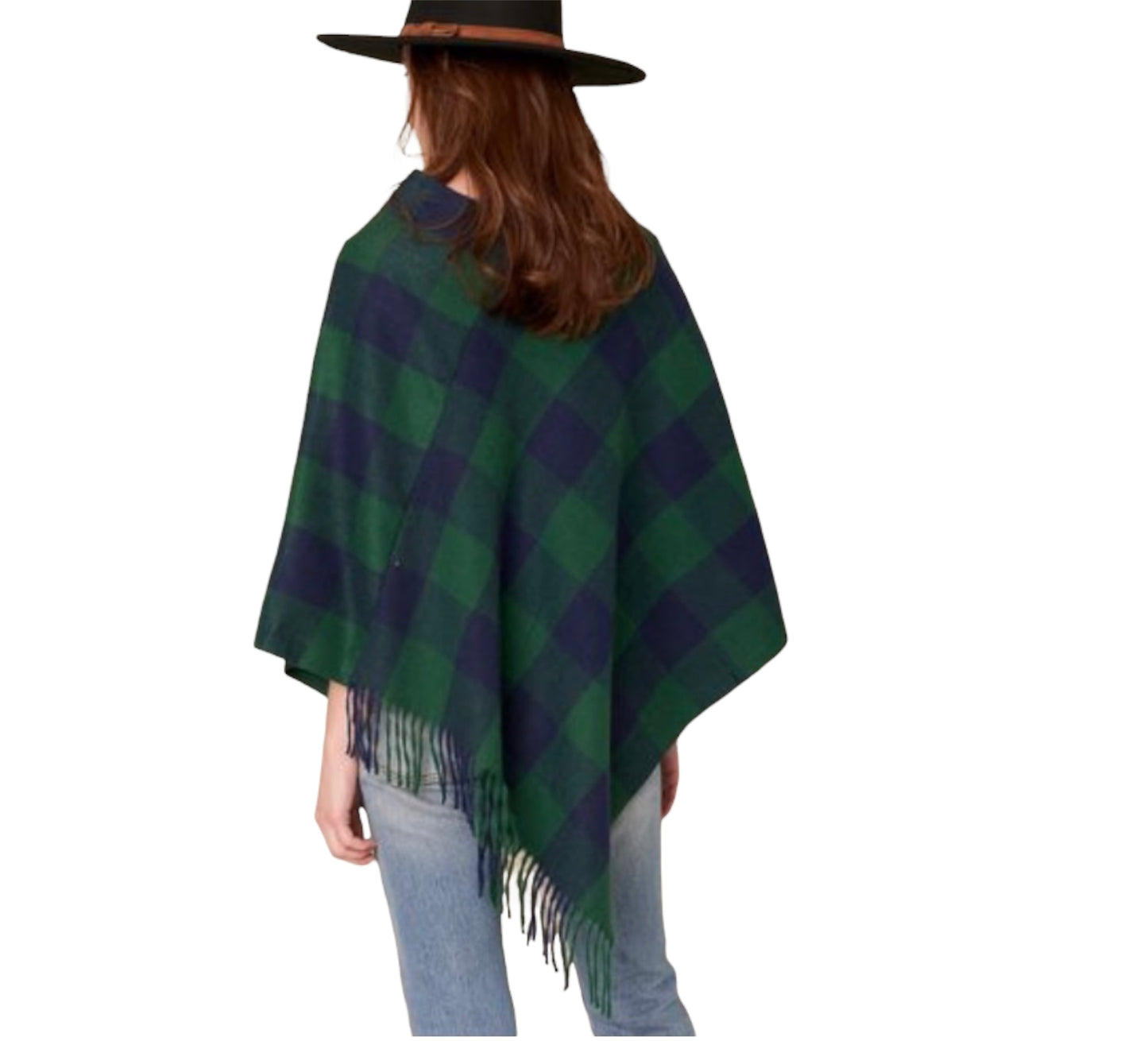 Buffalo Plaid Fringed Poncho - Green and Navy