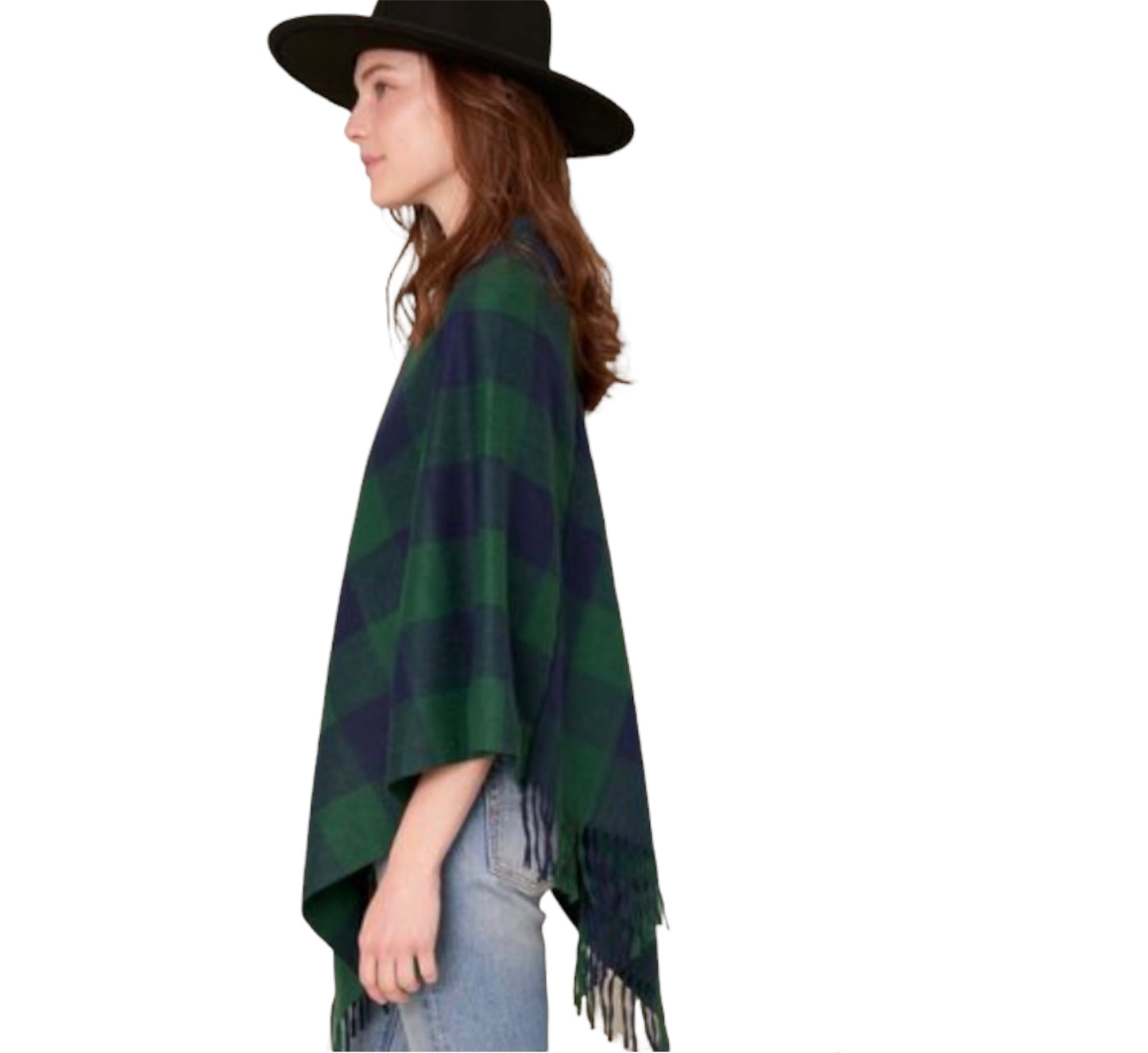 Buffalo Plaid Fringed Poncho - Green and Navy