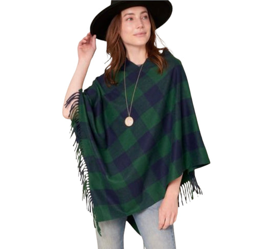 Buffalo Plaid Fringed Poncho - Green and Navy